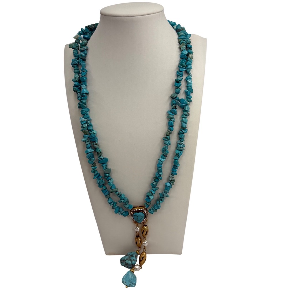 XSEMEI Turquoise Chip Multi Strand Statement Necklace Heart Pendant Gold Tone